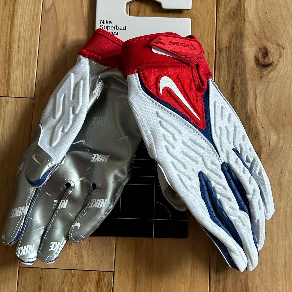 Nike Superbad Football Gloves in Red, White, blue and Silver